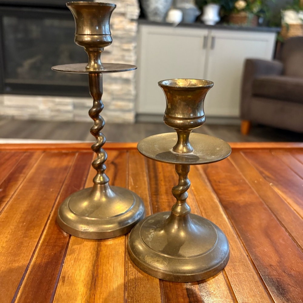 Pair Vintage Brass Twisted Stem Candlesticks Made in India
